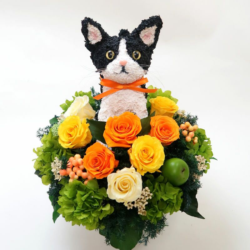 白黒ネコのプリザーブドフラワーアレンジCute | アトリエ花倶楽部