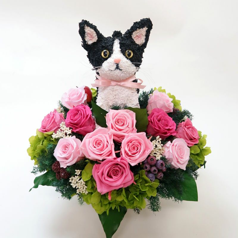 プリザーブドフラワー 黒ネコ アレンジメント バスケット プリザーブドフラワーアレンジ猫 黒猫 Pretty 結婚祝い 誕生日 ギフト