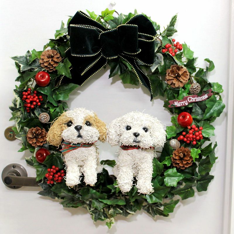 犬のクリスマスリースアートタイプ 2匹の犬タイプ シーズーと