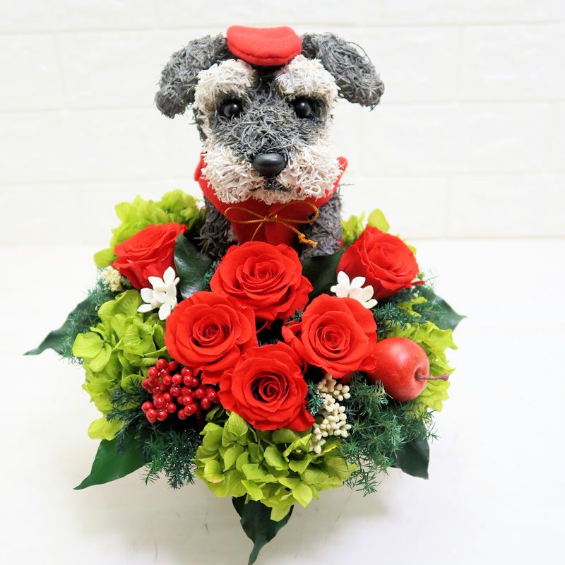 犬好き還暦祝いシュナウザープレゼントのプリザーブドフラワー