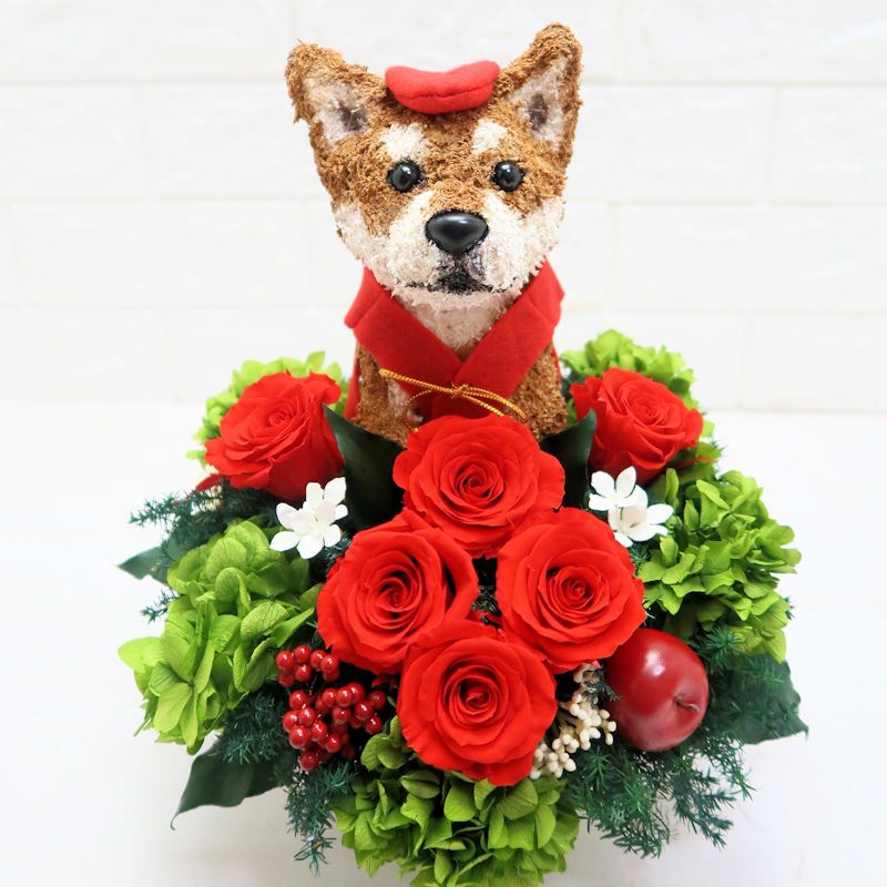 愛犬家の還暦祝いに柴犬のプリザーブドフラワーアレンジ