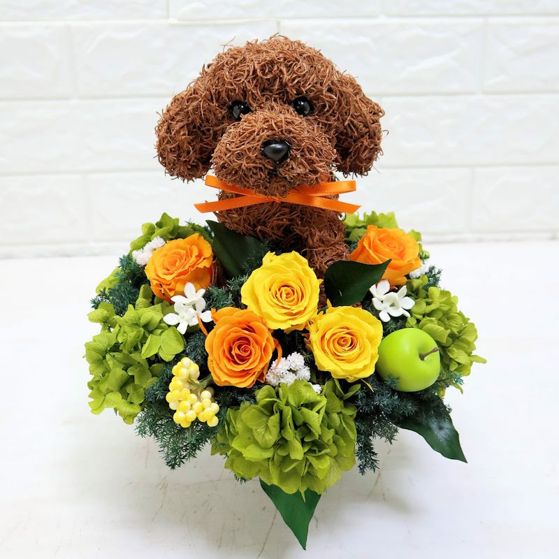 犬の花束のようなかわいいトイプードルのプリザーブドフラワーアレンジ