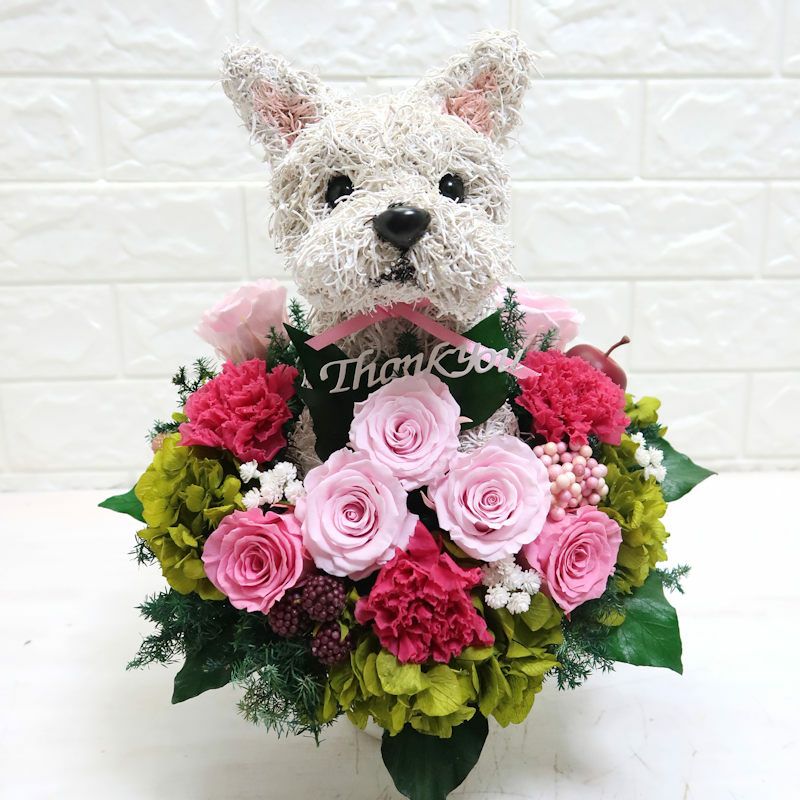 犬好きプレゼント、母の日にホワイトテリアのプリザーブドフラワー